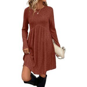 Ofeefan Women Caramel Crew Neck Long Sleeve Empire Waist Dress with Pockets